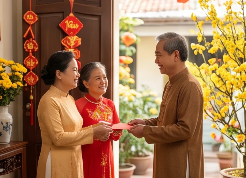 Khách đến xông đất đầu năm mang theo những phong bao lì xì đỏ chứa đựng lời chúc tốt đẹp