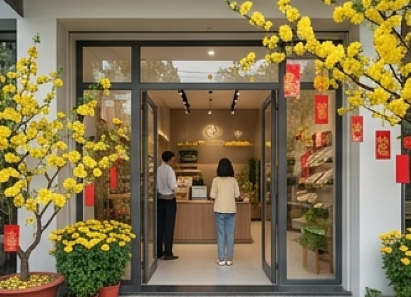 Cửa hàng trang trọng chuẩn bị nghi thức xông đất mở hàng đón vượng khí kinh doanh trong dịp đầu xuân