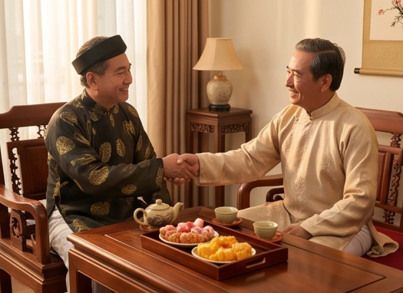 Gia chủ tuổi Hợi chọn người xông đất năm 2027: trọn bộ 5 nạp âm 2 Hai người đàn ông trung niên chúc Tết nhau bên khay mứt đầu xuân mang lại vượng khí.