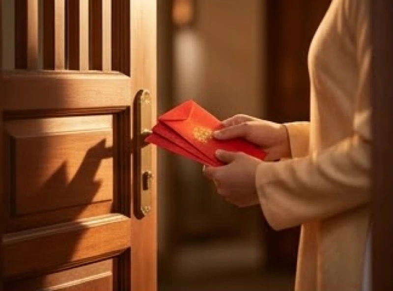 Gia chủ tuổi Mão chọn người xông đất năm 2027: theo từng nạp âm 1 Vị khách cầm phong bao lì xì đỏ bước qua cửa chính mang theo trường năng lượng tích cực