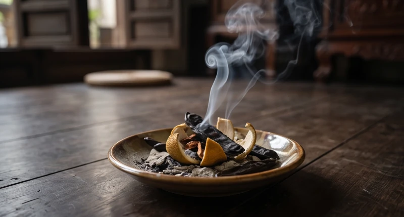 Đĩa gốm nhỏ đang đốt bồ kết và vỏ bưởi khô tỏa khói mờ lan tỏa khắp không gian nhà mới