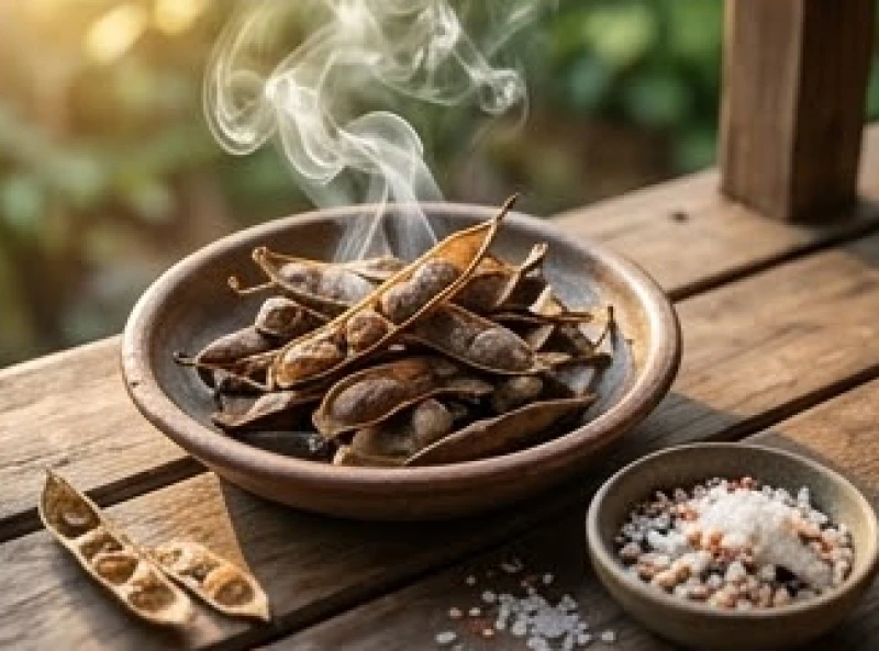 Đĩa gốm nhỏ đựng những quả bồ kết nướng đang tỏa khói trắng nghi ngút bên cạnh bát muối gạo