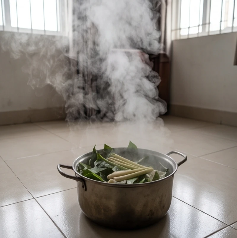Nồi nước lá bưởi và sả được dùng để xông nhà tẩy uế sau khi dọn dẹp nước ngập