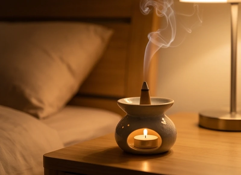 Giải Mã Giấc Mơ Bị Ma Nhập: Phân Biệt Bóng Đè & Cách Hóa Giải 8 Một nụ trầm hương đang cháy tỏa khói nhẹ nhàng trên chiếc đế gốm trong phòng ngủ