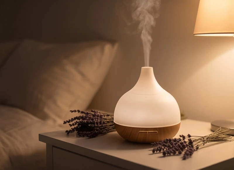 Máy xông tinh dầu đang tỏa làn hơi nước mỏng manh bên cạnh những nhành hoa oải hương khô