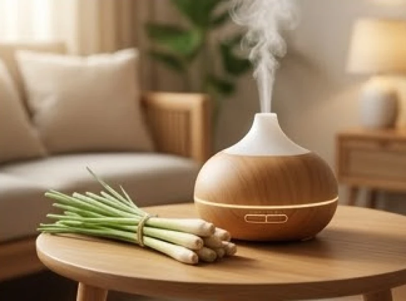 Máy phun tinh dầu đang tỏa ra làn khói mỏng manh mang hương sả chanh lan tỏa khắp góc phòng