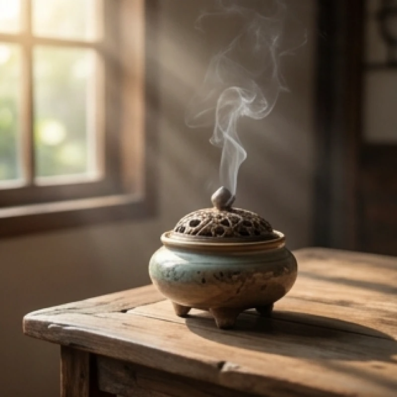 Lò xông trầm hương tỏa khói nhẹ nhàng trên bàn gỗ giúp thanh lọc không gian và hóa giải năng lượng xấu
