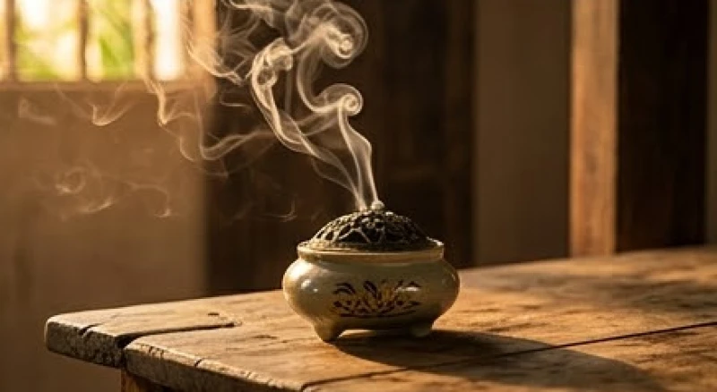 Lư hương gốm sứ đang tỏa khói trầm hương nghi ngút trên chiếc bàn gỗ mộc mạc
