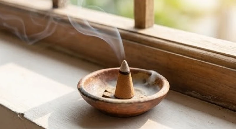 Đĩa gốm nhỏ đang đốt nụ trầm hương tỏa khói thơm nhẹ nhàng tại khu vực bậu cửa sổ vừa dọn dẹp tổ chim
