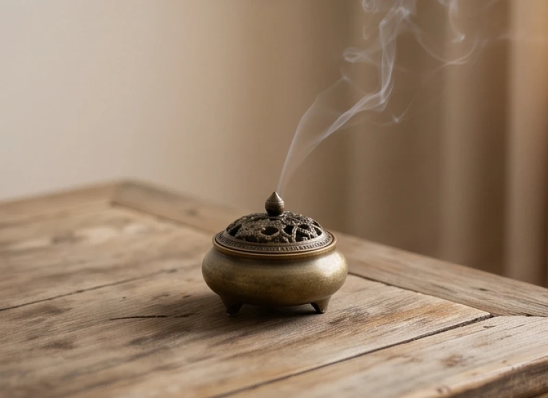 Lư hương đồng cỡ nhỏ đang tỏa khói trầm hương thanh khiết trên mặt bàn trà bằng gỗ