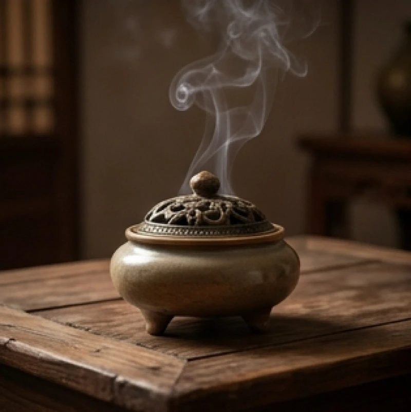 Lư hương xông trầm nghi ngút khói trên bàn gỗ giúp thanh lọc không gian và cân bằng năng lượng