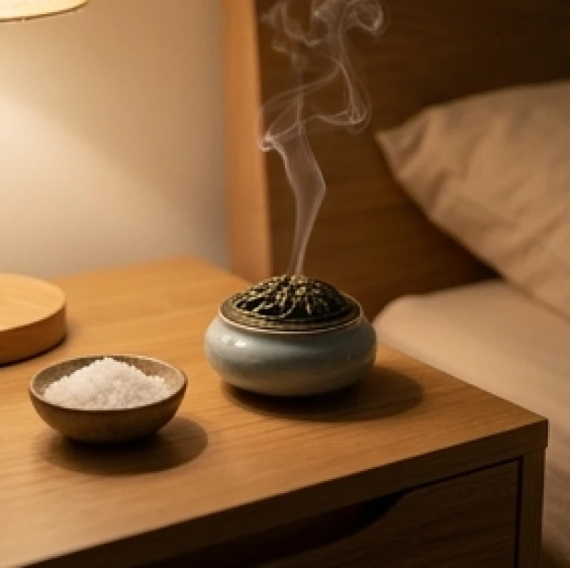 Mơ thấy bị vong nhập: Giải mã điềm báo và cách thanh tẩy tà khí 9 Khói trầm hương tự nhiên lan tỏa mềm mại từ lư gốm nhỏ bên cạnh bát muối biển