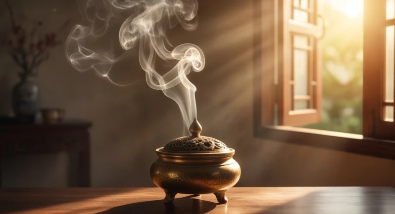 Khói trầm hương mờ ảo tỏa ra từ lư đồng giúp xua tan âm khí và khôi phục sự cân bằng cho không gian
