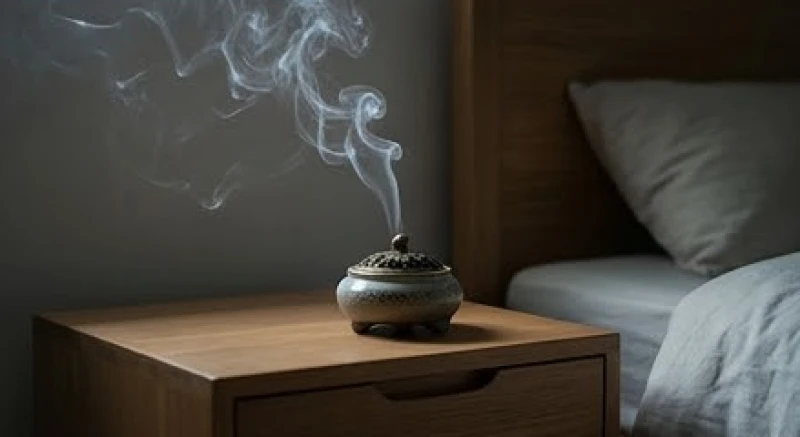 Khói trầm hương tỏa ra nhẹ nhàng từ lò đốt trong không gian phòng ngủ gọn gàng