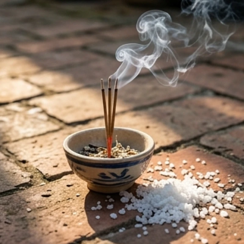 Bát sứ nhỏ đựng trầm hương đang tỏa khói nghi ngút cùng nắm muối hạt được rắc quanh góc sân