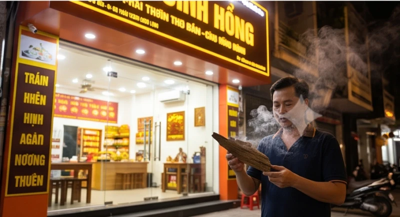 Xông khói trầm hương và bật sáng đèn trước cửa hàng để thanh tẩy năng lượng sau lễ cúng cô hồn