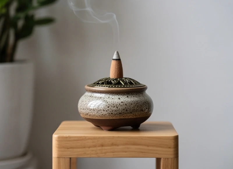Lư sứ đốt nụ trầm hương tỏa khói nhẹ nhàng giúp thanh tẩy uế khí tại vị trí từng đặt chậu cây kim tiền bị hỏng