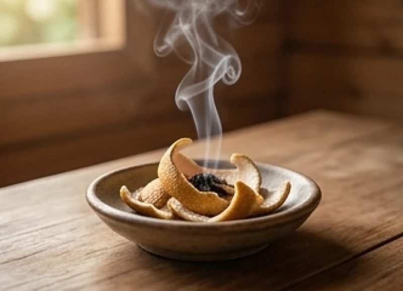 Đốt vỏ bưởi khô trong đĩa gốm nhỏ tỏa khói mỏng để làm sạch không gian và hóa giải năng lượng xấu