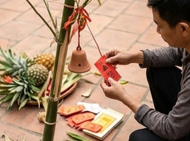 Đồ trang trí và bùa chú bằng giấy trên ngọn cây nêu được tháo gỡ và phân loại cẩn thận