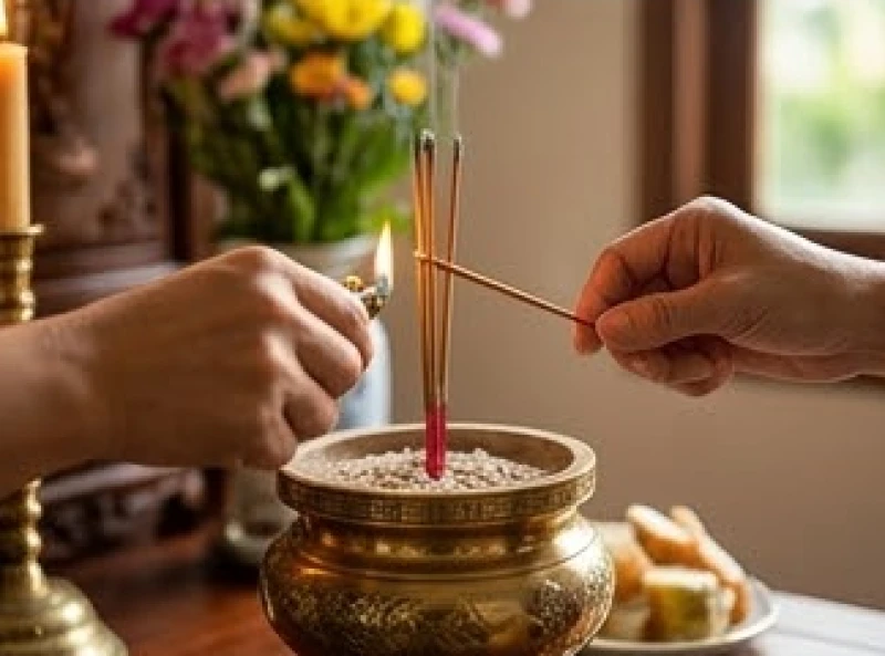 Bàn tay gia chủ đang cẩn thận dùng bật lửa châm lại phần đầu nén hương bị tắt giữa chừng trên bàn thờ