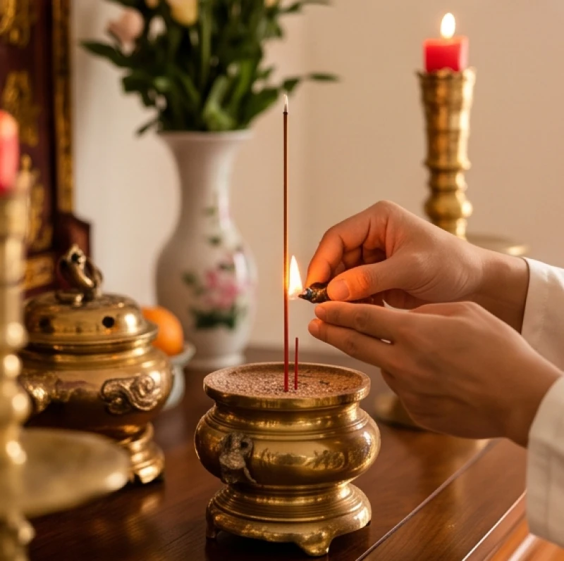 Văn khấn lễ cưới hỏi: Mẫu chuẩn từng nghi lễ và cách hành lễ 10 Dùng bật lửa nhẹ nhàng châm lại phần ngọn của nén hương bị tắt trên bát hương