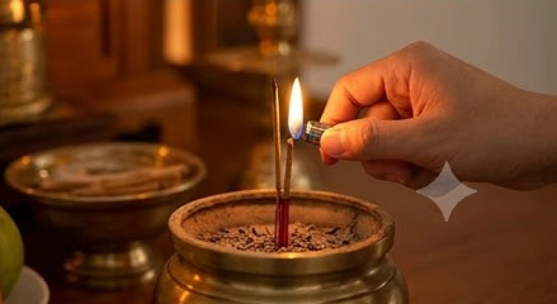 Văn khấn ngày rằm hàng tháng: Mâm lễ, bài cúng và quy trình chuẩn 8 Gia chủ cẩn thận dùng bật lửa châm lại nén nhang bị tắt giữa chừng trên ban thờ