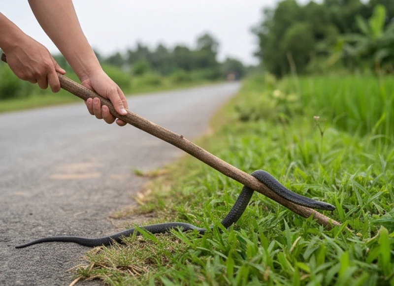 Đi đường gặp rắn đen là điềm gì: Luận ngũ hành & mẹo hóa giải 7 Dùng một cành cây dài để gạt xác con vật hoang dã vào sát mép cỏ ven đường để tránh xe cộ cán qua