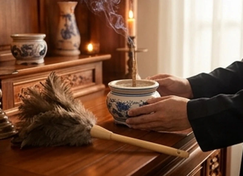 Văn khấn di chuyển bát hương: Bài cúng chuẩn và quy trình an vị 8 Chiếc chổi lông gà mềm đặt cạnh lư hương đang được định vị lại ngay ngắn giữa ban thờ sau sự cố
