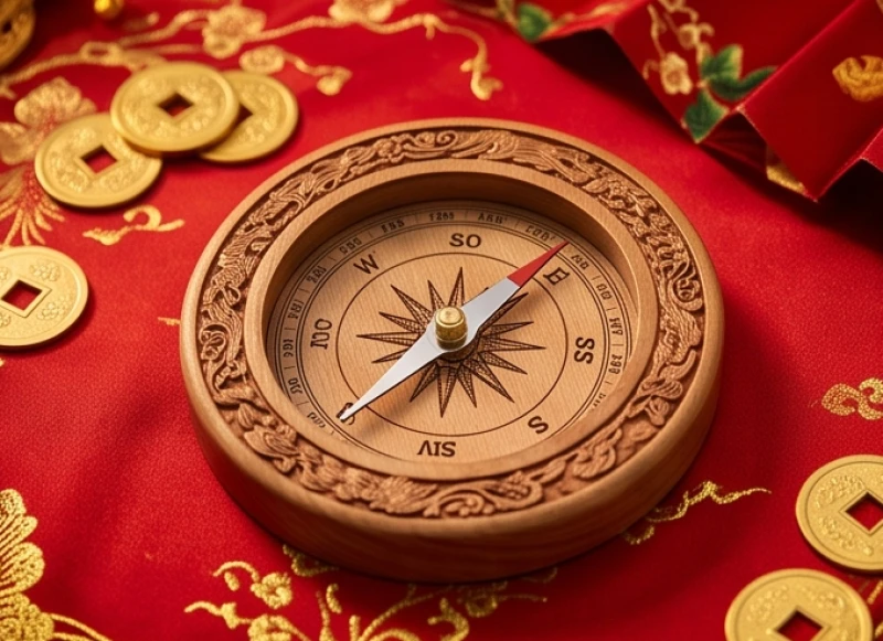 La bàn phong thủy chỉ hướng Chính Nam và Chính Đông để đón Hỷ Thần và Tài Thần đầu năm