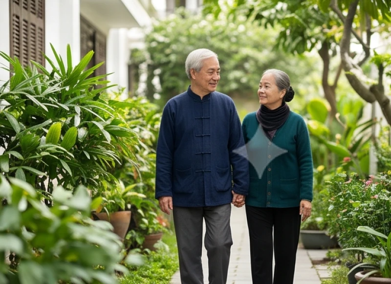 Ông bà thong dong tản bộ trước hiên nhà trong buổi sáng mùng một Tết để nghênh đón cát khí