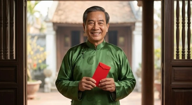 Người đàn ông lớn tuổi mặc trang phục lụa xanh lá cây mỉm cười xông đất đầu năm mới