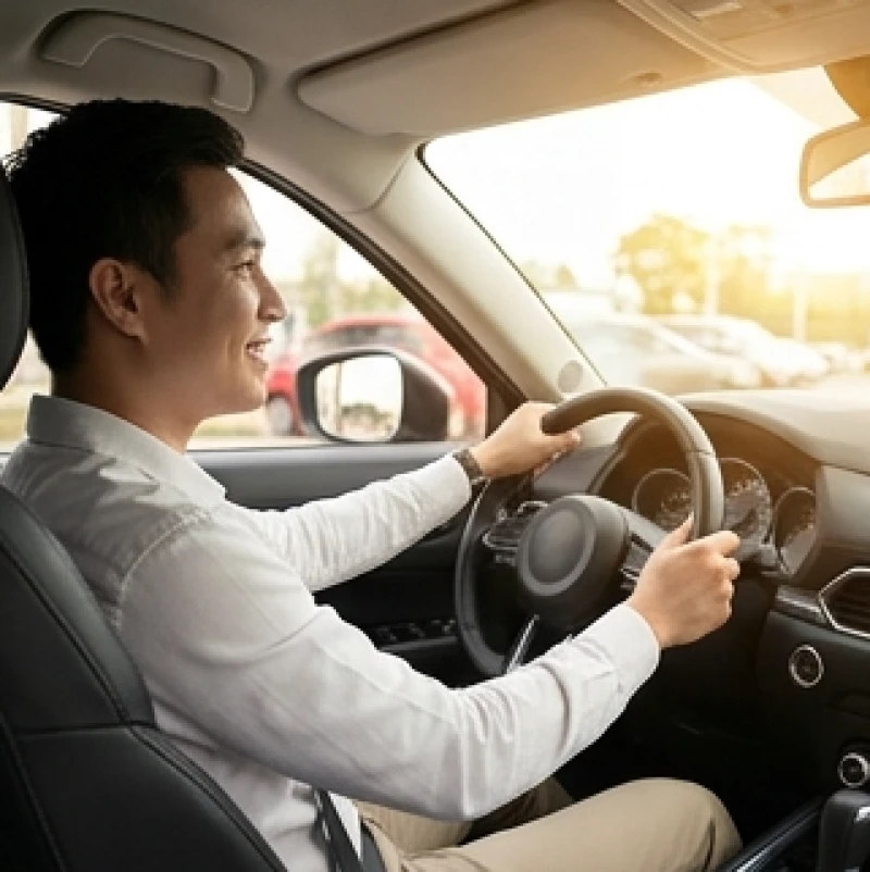Tuổi Mùi Mua Xe Ngày Nào Tốt: Bảng Lịch Tra Cứu và Cách Cúng 6 Người lái xe mỉm cười cầm vô lăng và từ từ điều khiển chiếc ô tô lăn bánh rời khỏi cổng đại lý