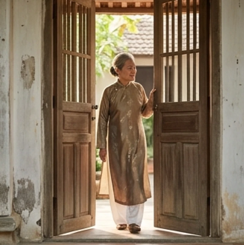 Người cao tuổi diện trang phục lịch sự chuẩn bị bước ra khỏi cửa nhà đón cát khí đầu năm mới