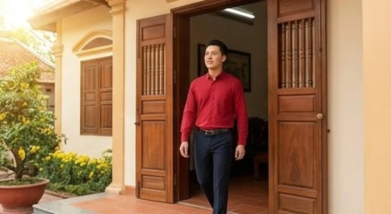 Tử vi tuổi Đinh Hợi 2007 năm 2027: Sao hạn và lịch xuất hành 5 Nam thanh niên mặc áo sơ mi đỏ chuẩn bị bước ra khỏi cửa nhà đón lộc đầu năm mới