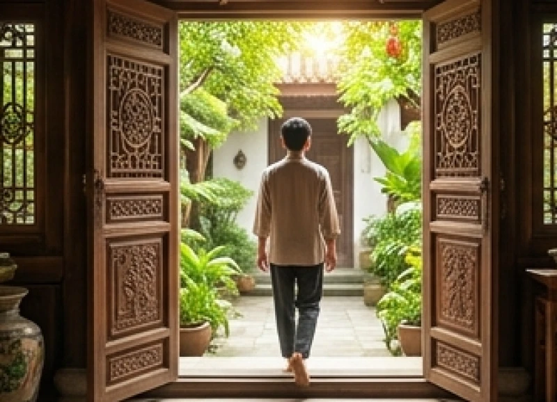 Tử vi tuổi Bính Dần 1986 năm 2027: 12 tháng & cách dâng sao 9 Người bước qua cánh cửa gỗ truyền thống đón ánh nắng ban mai rực rỡ