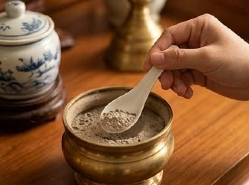 Sử dụng chiếc thìa sứ nhỏ để xúc bớt lớp tro thừa trong bát hương đã đầy
