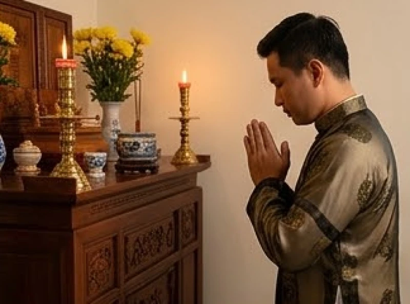Cách ghi địa chỉ trong văn khấn: Quy tắc điền chuẩn nghi thức 2 Nam giới mặc áo dài truyền thống đang chắp tay đứng vái trước bàn thờ tổ tiên trong gia đình