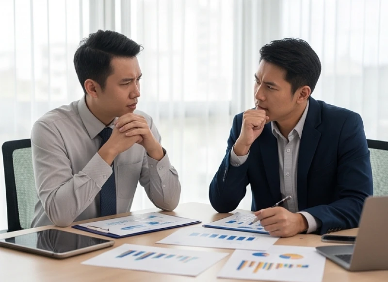 Hai đối tác kinh doanh lộ vẻ mặt căng thẳng và bất đồng quan điểm trong một cuộc họp cổ đông kéo dài