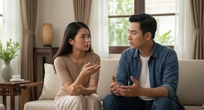 Tứ hành xung tuổi Dậu: Phân định mức độ kỵ theo từng nạp âm 2 Cặp đôi đang ngồi trò chuyện với biểu cảm suy tư trong một không gian phòng khách mang đậm phong cách Á Đông