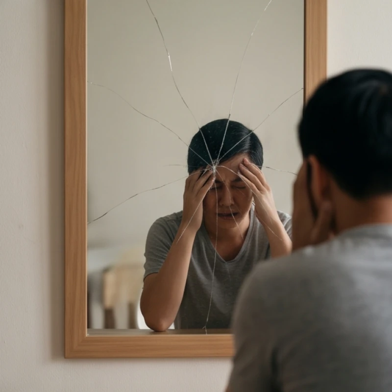 Hình ảnh phản chiếu qua gương của một người đứng bần thần giữa ngôi nhà