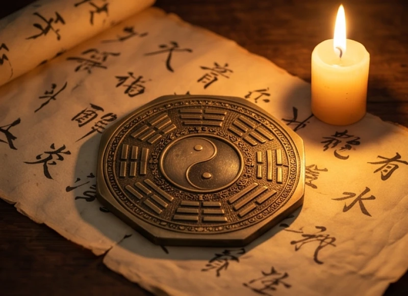Sơ đồ bát quái bằng đồng cổ kính thể hiện sự biến đổi phức tạp của các thiên can tàng ẩn