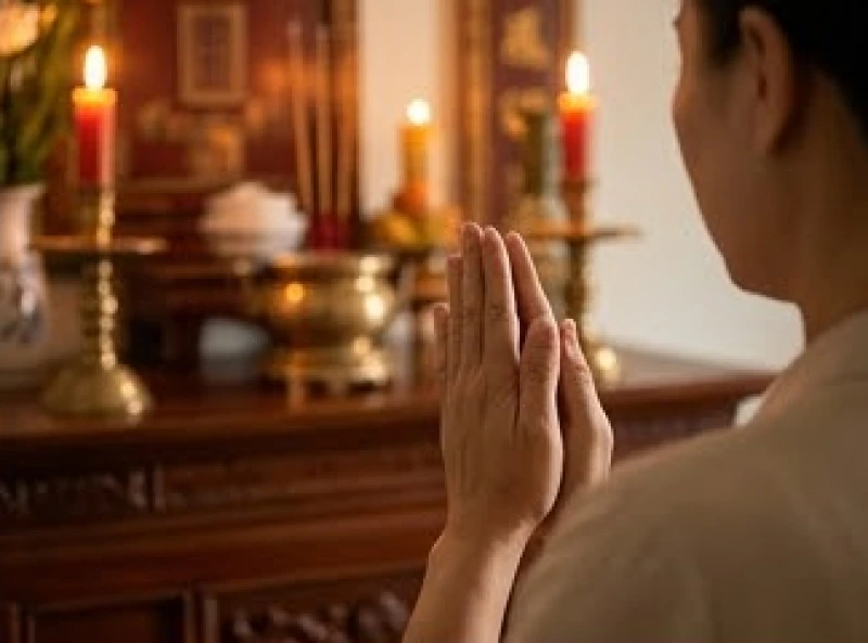 Đại diện gia đình chắp tay trang nghiêm trước bàn thờ đọc văn khấn ngày giỗ em ruột