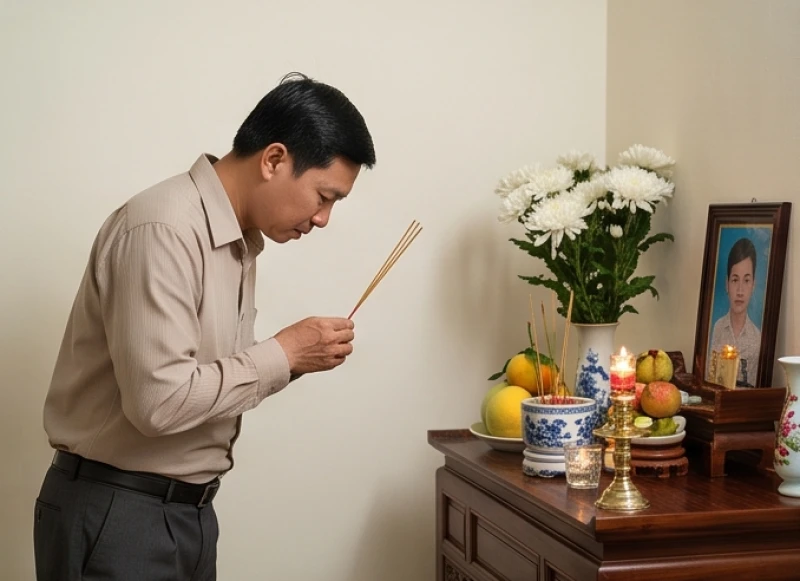 Văn khấn giỗ người mất trẻ: Bài khấn chuẩn & cách sắm mâm lễ 6 Anh trai thắp nhang và thành tâm khấn vái người em vắn số tại không gian thờ cúng gia đình