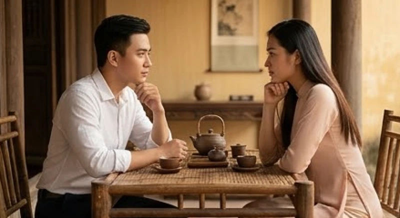 Cặp đôi đang ngồi trò chuyện bình tĩnh bên tách trà, tìm cách tháo gỡ xung khắc trong tình duyên tuổi Tuất năm 2027