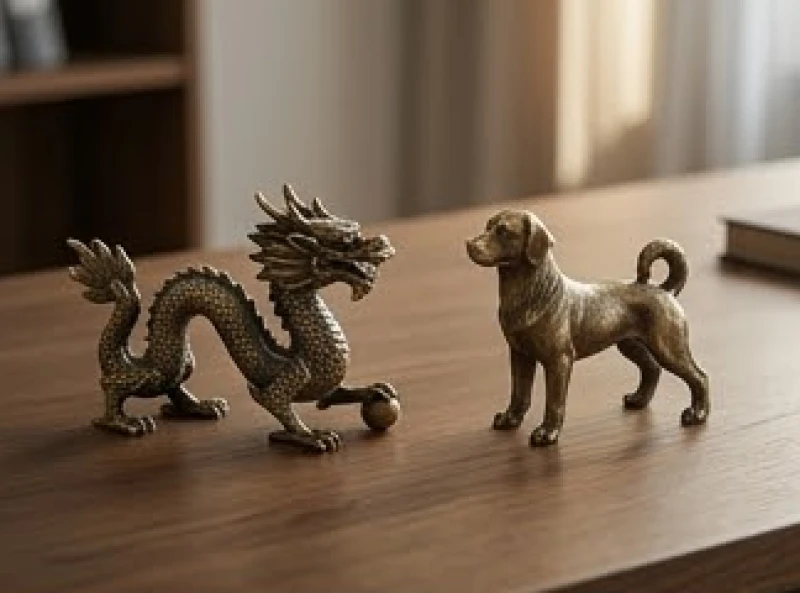 Tứ hành xung tuổi Thìn: Đánh giá mức kỵ và thuật hóa giải 3 Hai bức tượng linh vật Rồng và Chó được đặt đối diện nhau trên bàn làm việc bằng gỗ
