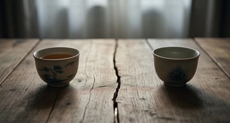 Hai tách trà đặt cách xa nhau trên bàn gỗ thể hiện sự đối lập và xung khắc mạnh mẽ giữa tuổi Mùi và Sửu