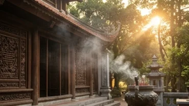 Khung cảnh thanh tịnh tại mái chùa cổ kính với làn khói hương mờ ảo giúp xoa dịu nỗi lo về xung thái tuế là gì