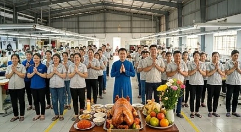 Tập thể công nhân tại xưởng may gia công lớn đang cùng nhau đứng trước bàn thờ làm lễ tạ ơn tổ nghề vào dịp cuối năm