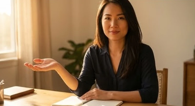 Đường sự nghiệp dài: Tiêu chuẩn nhận biết và ý nghĩa luận giải 3 Người phụ nữ ngồi tại bàn làm việc ngập tràn ánh nắng với bàn tay trái đặt mở hướng lên trên đầy tự tin