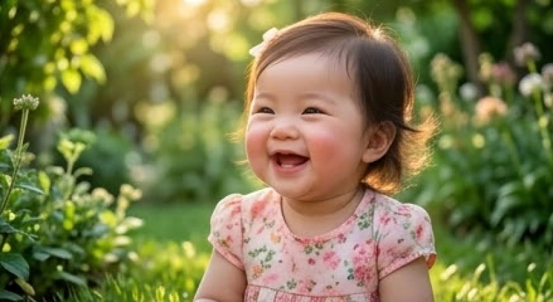 Em bé gái xinh xắn có làn da trắng hồng đang vui đùa hồn nhiên giữa khung cảnh thiên nhiên